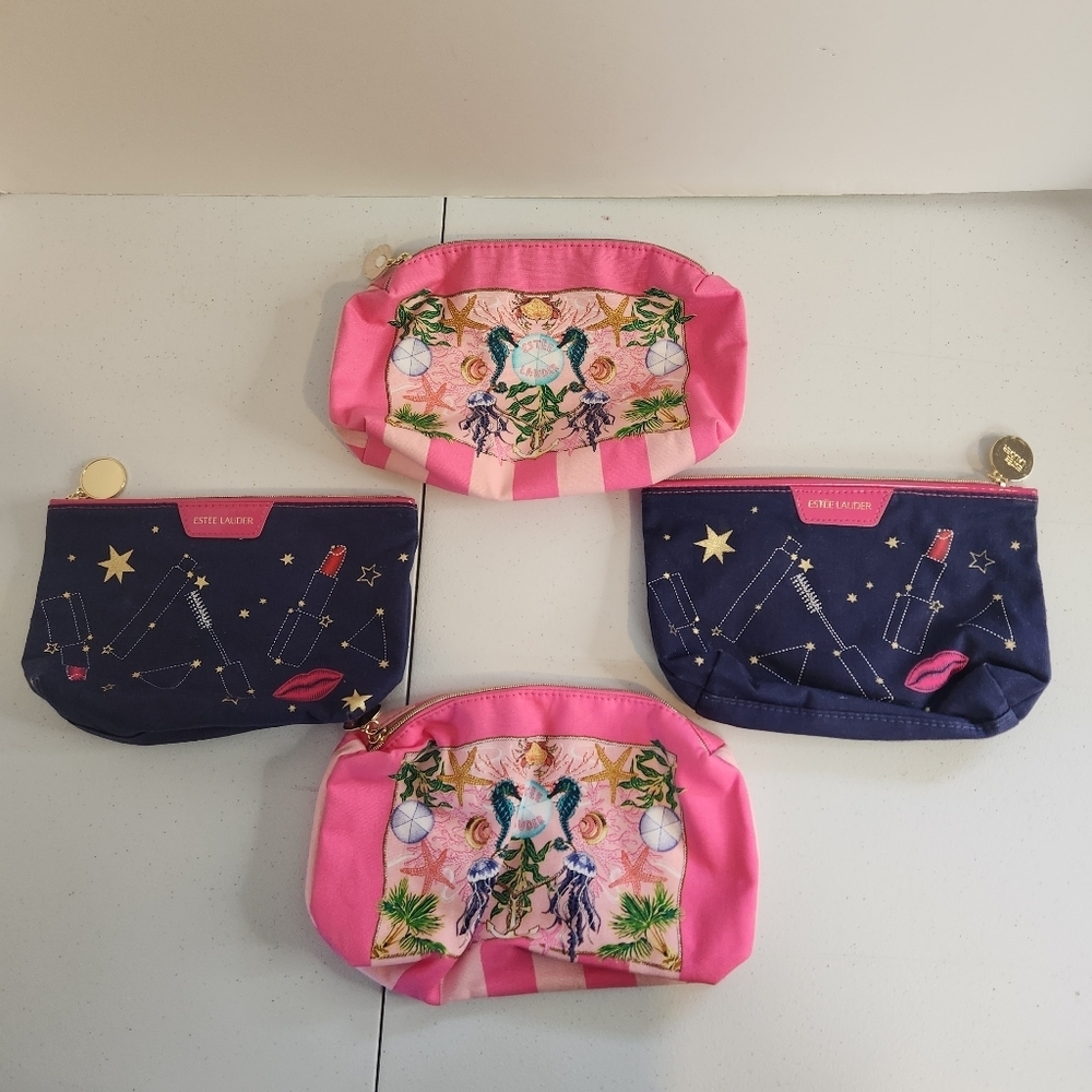 Estee Lauder Makeup Travel Cosmetic Bag Lot of 4 Bags Celestial Beach Pink Stars